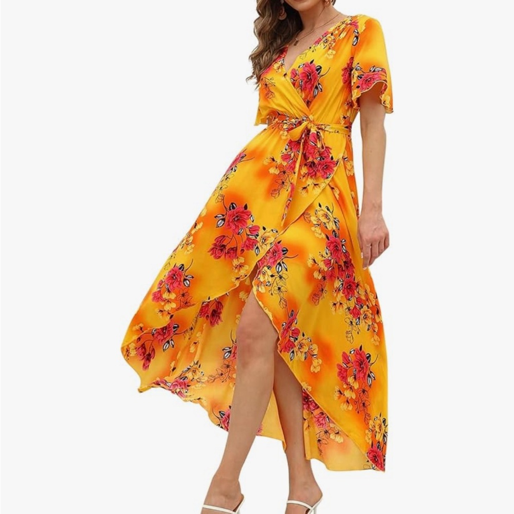 Wrap V Neck High Low Floral Yellow Dress XL Short Sleeve